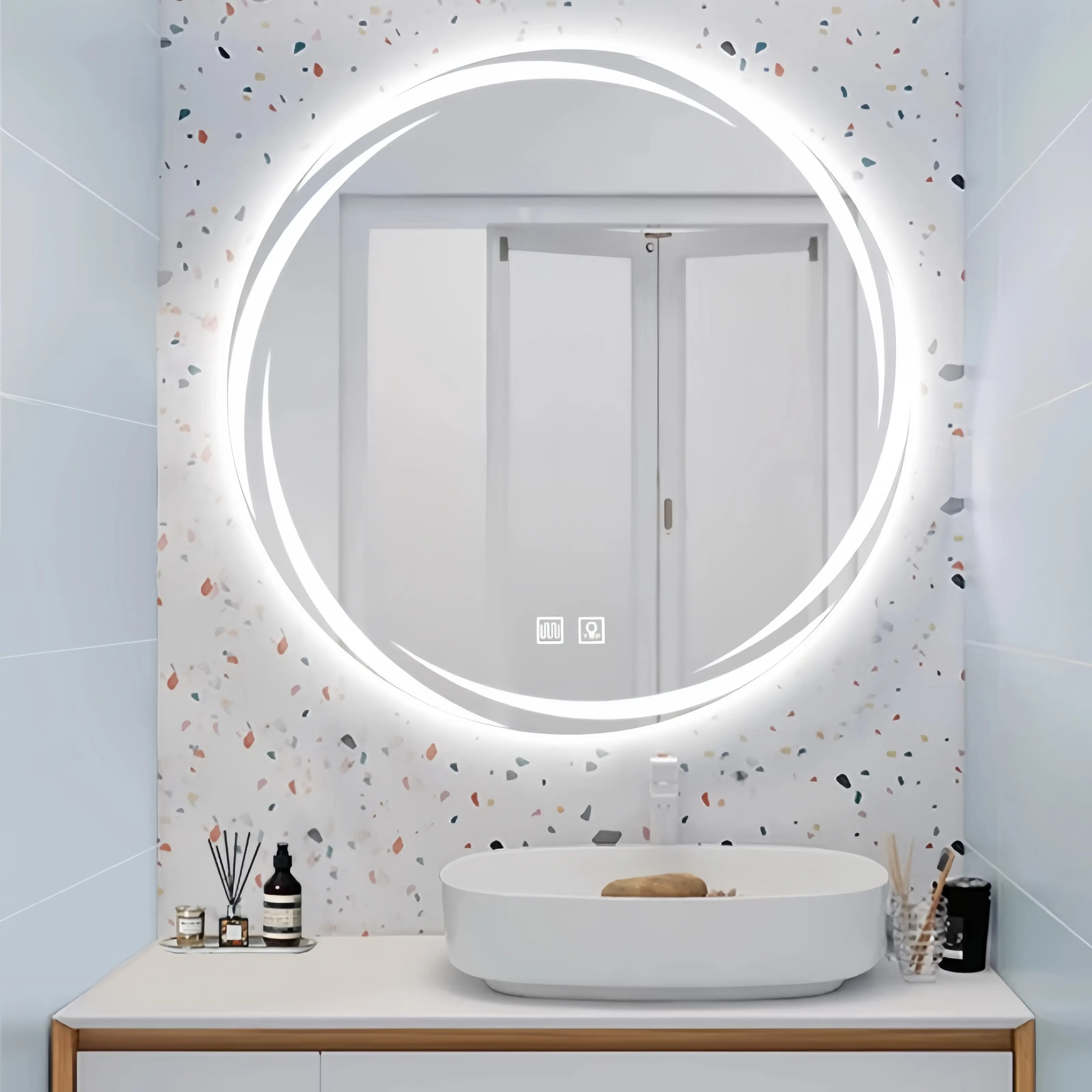 SHAMATE Round Polished Glass Indoor Smart LED Bathroom Vanity Wall Mirror - Anti-Fog, Touch Control, Crescent LED Lights, Dual-Source Dimmable, Explosion-Proof, Waterproof, Large Floating Modern Makeup Fixture, Easy Installation, Ideal Household Gift