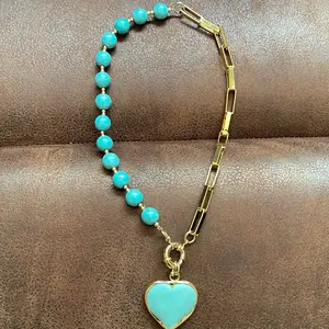 Genuine natural turquoise stone necklace, handmade heart-shaped natural turquoise pendant necklace