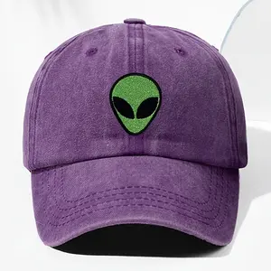 Unisex Vintage Washed Baseball Cap with Green Alien Embroidery - Adjustable Snapback, Lightweight Polyester, Black with Colorful Options, Perfect for Outdoor Activities and Casual Attire, Baseball Hat