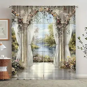 Court Flower Arch Landscape Curtains, 2 Piece Set, Durable Polyester Fabric, Ideal for Living Room and Bedroom Home Decor