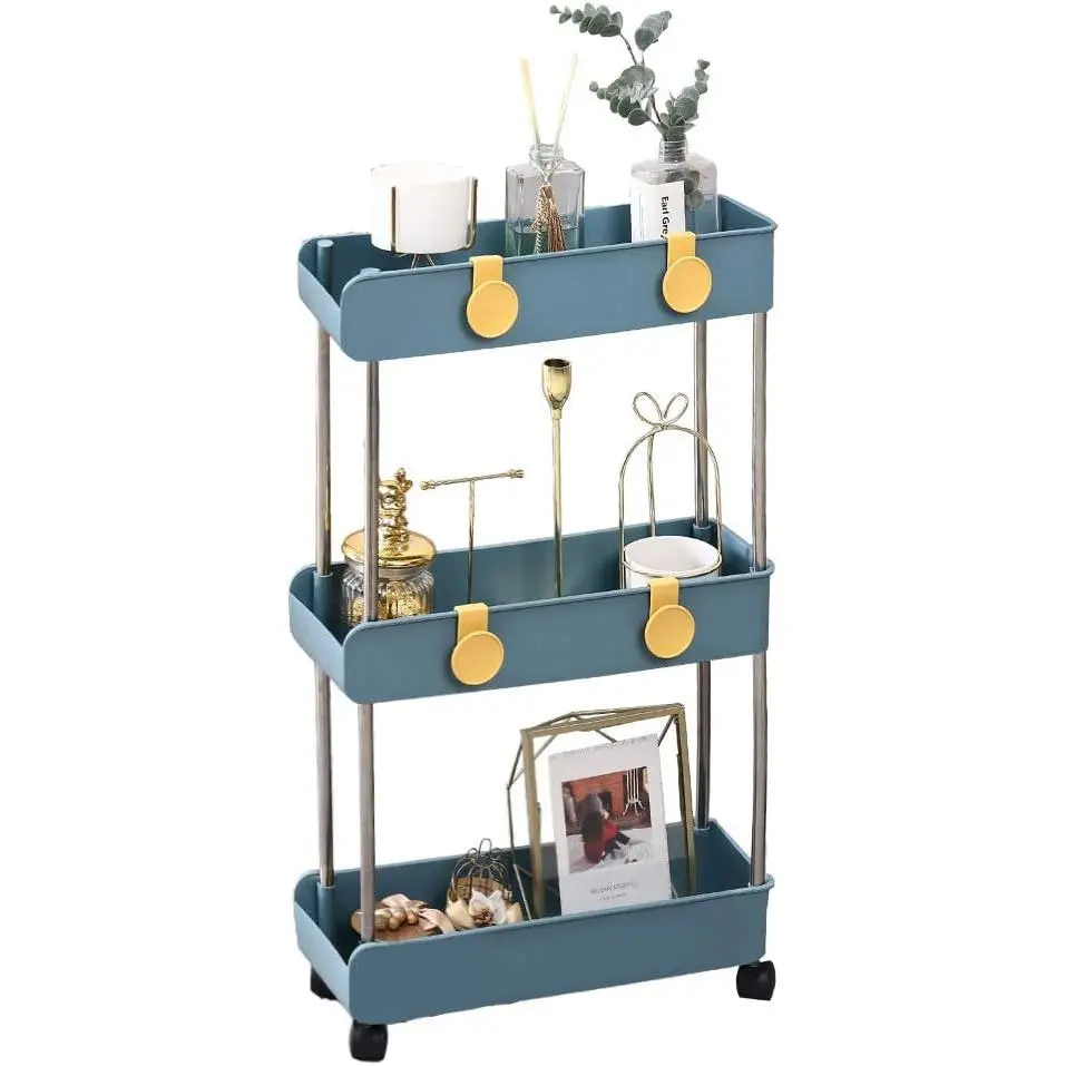 Melody 3-Tier Slim Mobile Shelving Unit on Wheels, Slide Out Rolling Organizer, Carts Shelf Rack for Laundry Room Places, Navy Blue