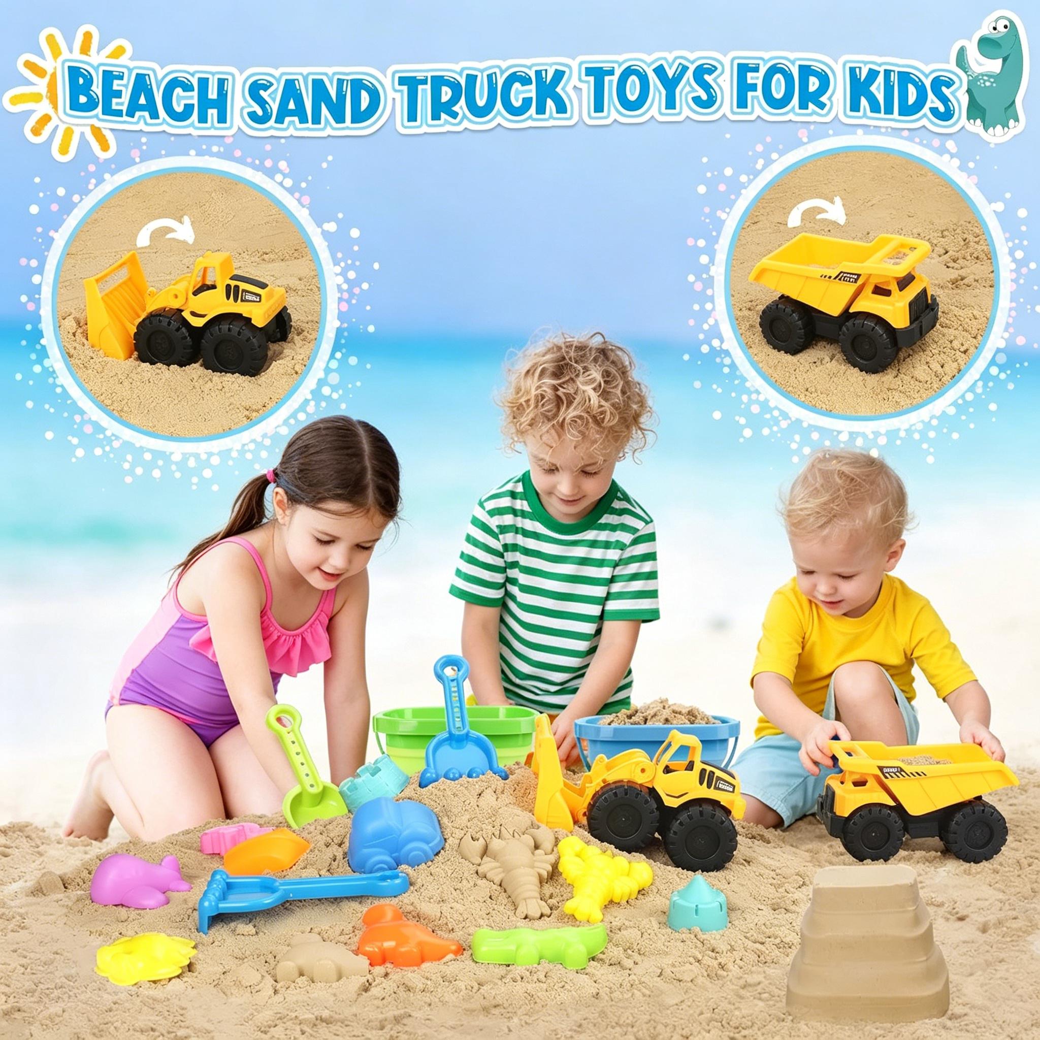 Kids Beach Sand Toys Set with 2 Construction Vehicles & Collapsible Buckets