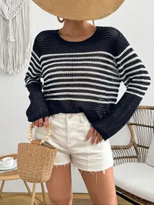 Women's Striped Print Sweater Pullover, Casual Long Sleeve Crew Neck Jumper for Summer, Fashion Women's Knitwear for Daily Wear, Womenswear