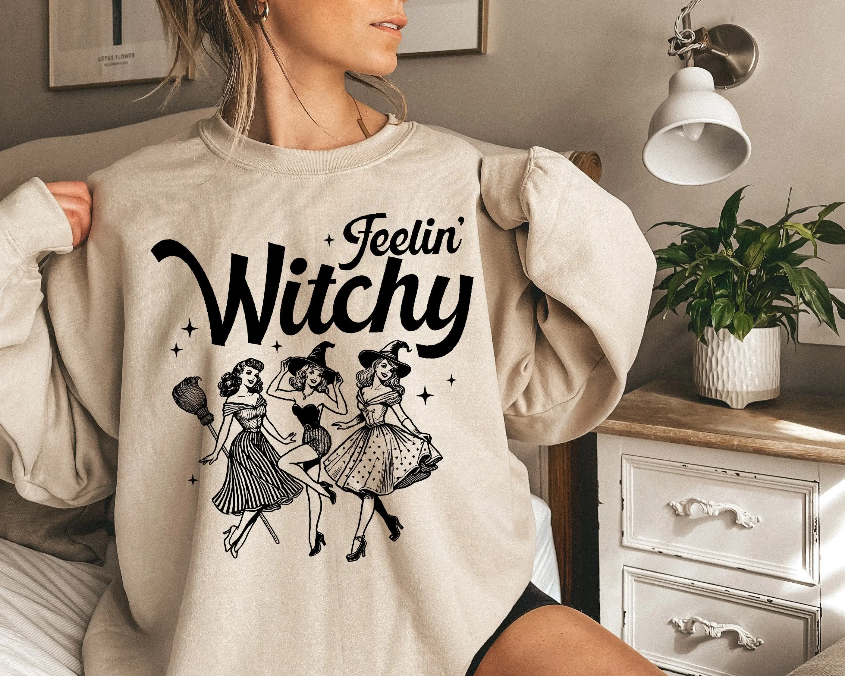 Vintage Feelin' Witchy Girly Sweater, Funny Witch Cute Halloween Shirt, Trendy Girly Halloween Gift, Women Halloween Sweatshirt