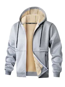 Men's Hooded Fleece Jacket with Sherpa Lining, Casual Fitted Elastic Breathable Long Sleeve Zipper Coat with Pockets, Fall Winter Outdoor Activities, Warm Fashion Outerwear