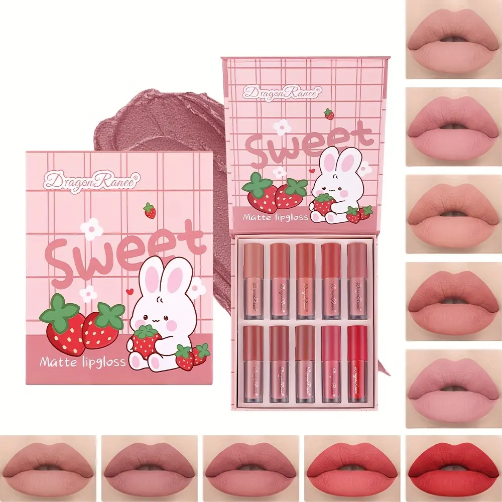 Matte Liquid Lipstick Set, 10 Piece Multi-pack, Alcohol-Free & Non-Staining Cosmetic Makeup, Cute Cartoon Lip Gloss Gifts in Box, 1 Set, Cute Look