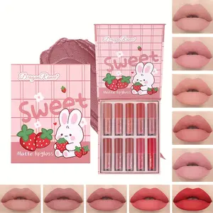 Sweet Matte Lipgloss Set - 10 Lip Glosses in Adorable Gift Box - Not Easy to Stain Cup - Cute Cartoon Design