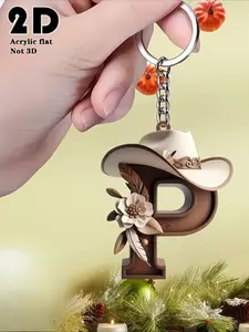 2D flat, 1 piece cowboy hat style English alphabet acrylic key chain, suitable for handbags, keys, backpacks, four-season decoration, unisex, gifts for friends and family, multi-functional decoration, birthday, party, Christmas, housewarming gifts