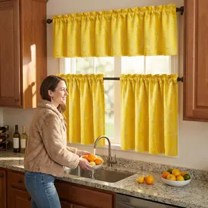 Curtain Club 3 Panels 18x54inch & 2 Tiers 26x36inch Blackout Kitchen Curtains 1 Valance Rubber Foil Print for Easy Installation Versatile Window Treatments Curtaintrack Home Textile Blackout Privacy Grommet Curtains Set FT24791