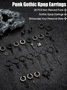 25 Pcs Punk Black Silvery Gothic Clip Ear Jewelry Pack for Women Men High-quality Stainless Steel Non-pierced Earrings for Long-time Daily Wearing Scenes Humanized Elastic Clip Design Simple Relaxed Pain-free Wearing Feeling Rich Diversified Styles
