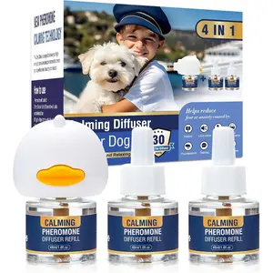 Dog Pheromone Calming Diffuser 4 In 1 Appeasing Pet Pheromones Diffuser to Calm Kit (Plug in+ 3 Pack 48ml Refill) for Anxiety Relief Reduce Barking Aggression Fighting Stress 90 Day Supply(Tasteless)