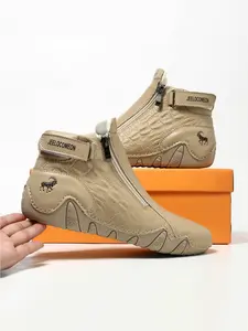 Men's Fashion Ankle Boots, Fashionable Boots, Animal Print, Side Zipper Design, Casual Comfortable Outdoor Shoes, All Season Wear, Trendy and Versatile