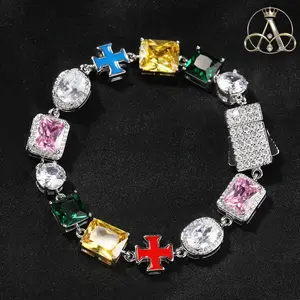 Aurelia Crest 10mm Colorful CZ Enamel Cross Bracelet For Women Men Ethnic Mixed Shape Cubic Zirconia Charm Link Hip Hop Jewelry