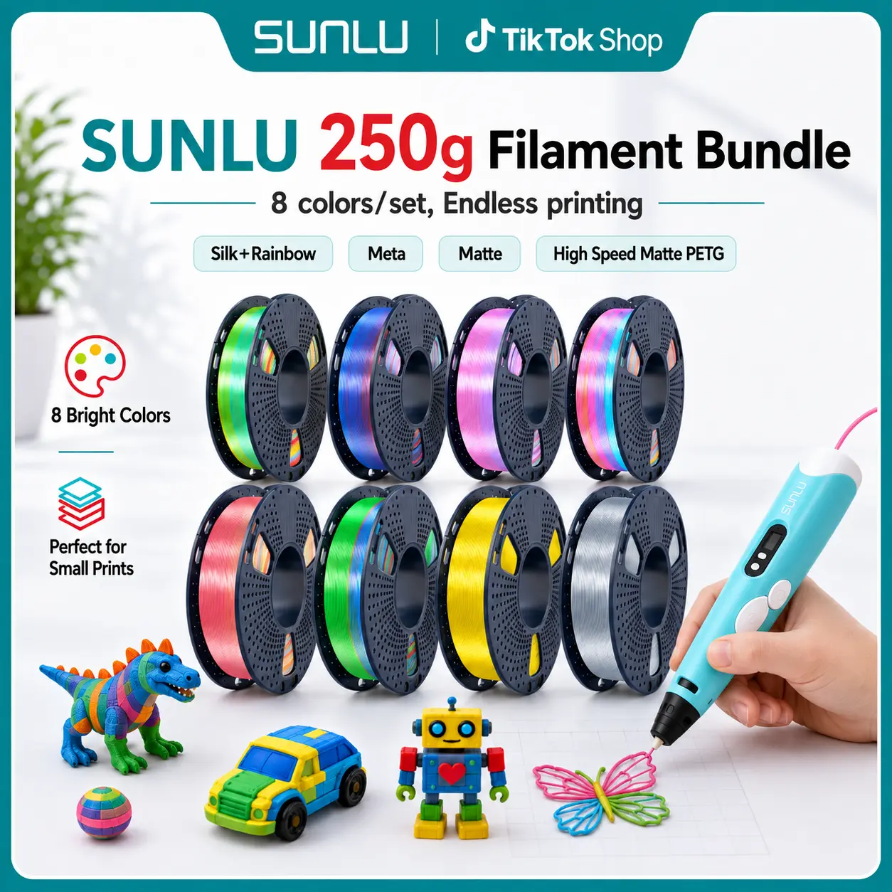 SUNLU 3D Printer Filament Bundle (8 Spools, 250g Each, 1.75mm, Total 2kg) | Multicolor, Neatly Wound, Vacuum Packed, Environmentally Friendly | High Compatibility with AMS, Ideal Back To School Gift for 3D Printing Enthusiasts, Bed Temperature: 50-60°C