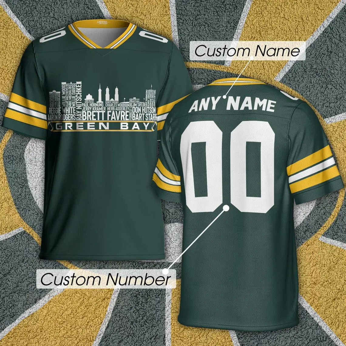 Green Bay Custom Football Jersey Greatest Of All Time Team Legends, Green Bay City Skyline Shirt, Personalized Name Number