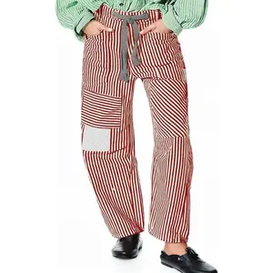 Barrel Jeans for Women Striped Drawstring Patchwork Pants Wide Leg Boyfriend Denim Pants