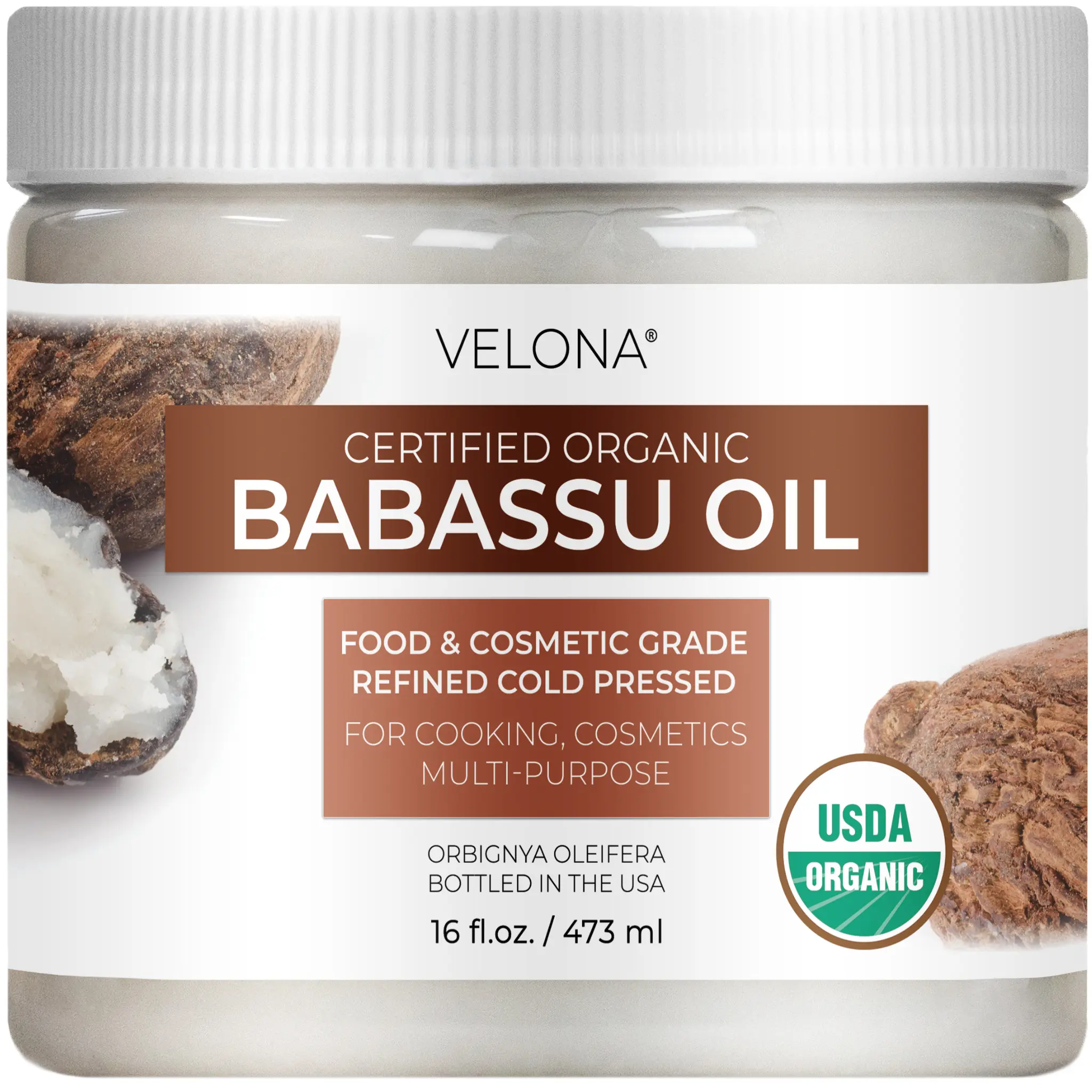 velona Babassu Oil USDA Certified Organic - 16 Fl Oz | 100% Pure and Natural Carrier Oil | Refined, Cold Pressed | Face, Hair, Body & Skin Care and Cooking