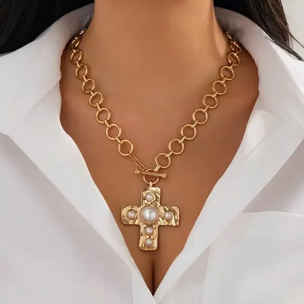 Women's Treevia Gold Chunky Cross Necklace - Vintage Hammered Cross Pendant with Pearl Accent, Toggle Clasp, Trendy Statement Costume Jewelry Gift