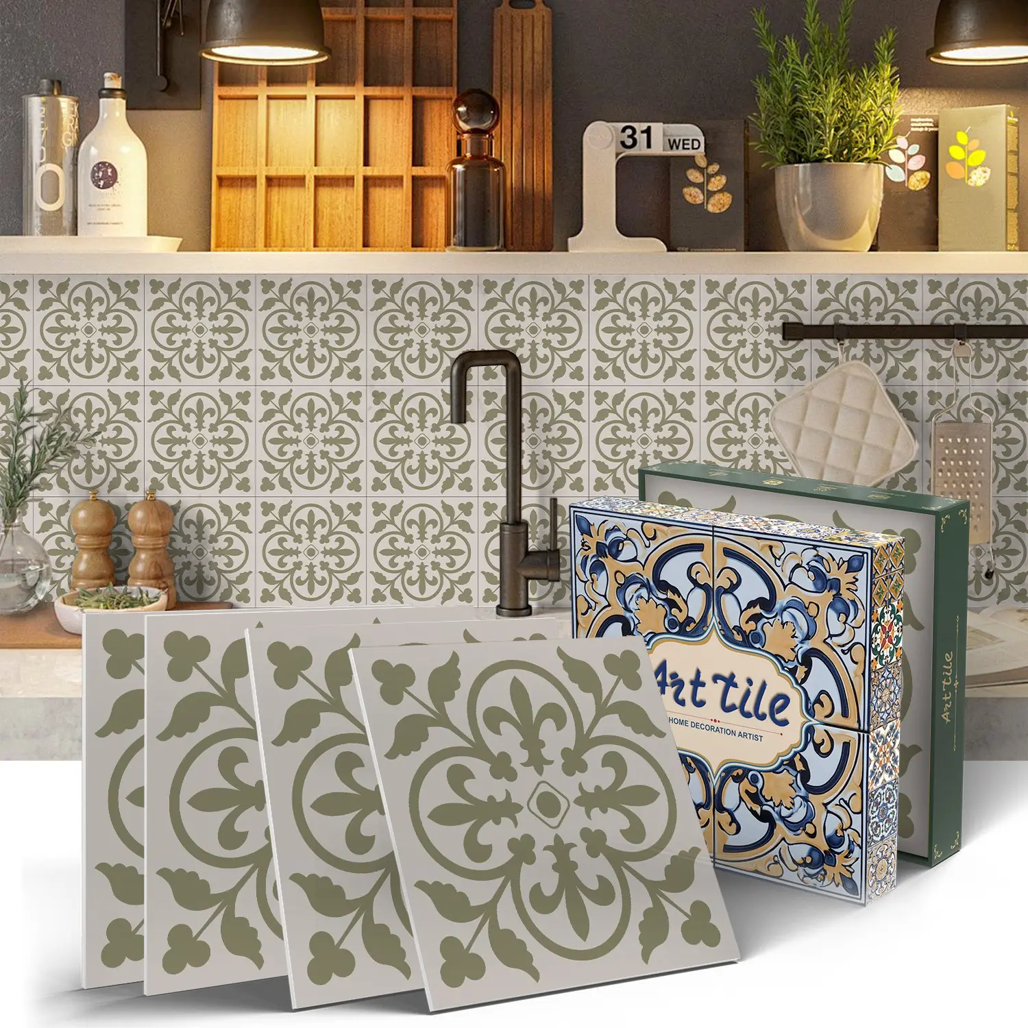 12/24 PCS/Box Sticker Packs GST ART PE Crystal Decorative Tiles Stickers | Light Base & Green Floral Retro Tile Decals | Waterproof Oil-Proof Self-Adhesive for Kitchen Bathroom Floor Wall Ceiling Old Wooden Boards Home Decor