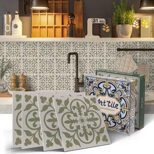 12/24 PCS/Box GST ART PE Crystal Tile Stickers | Light Base & Green Floral Retro Tile Decals | Waterproof Oil-Proof Self-Adhesive for Kitchen Bathroom Floor Wall Ceiling Old Wooden Boards Home Decor