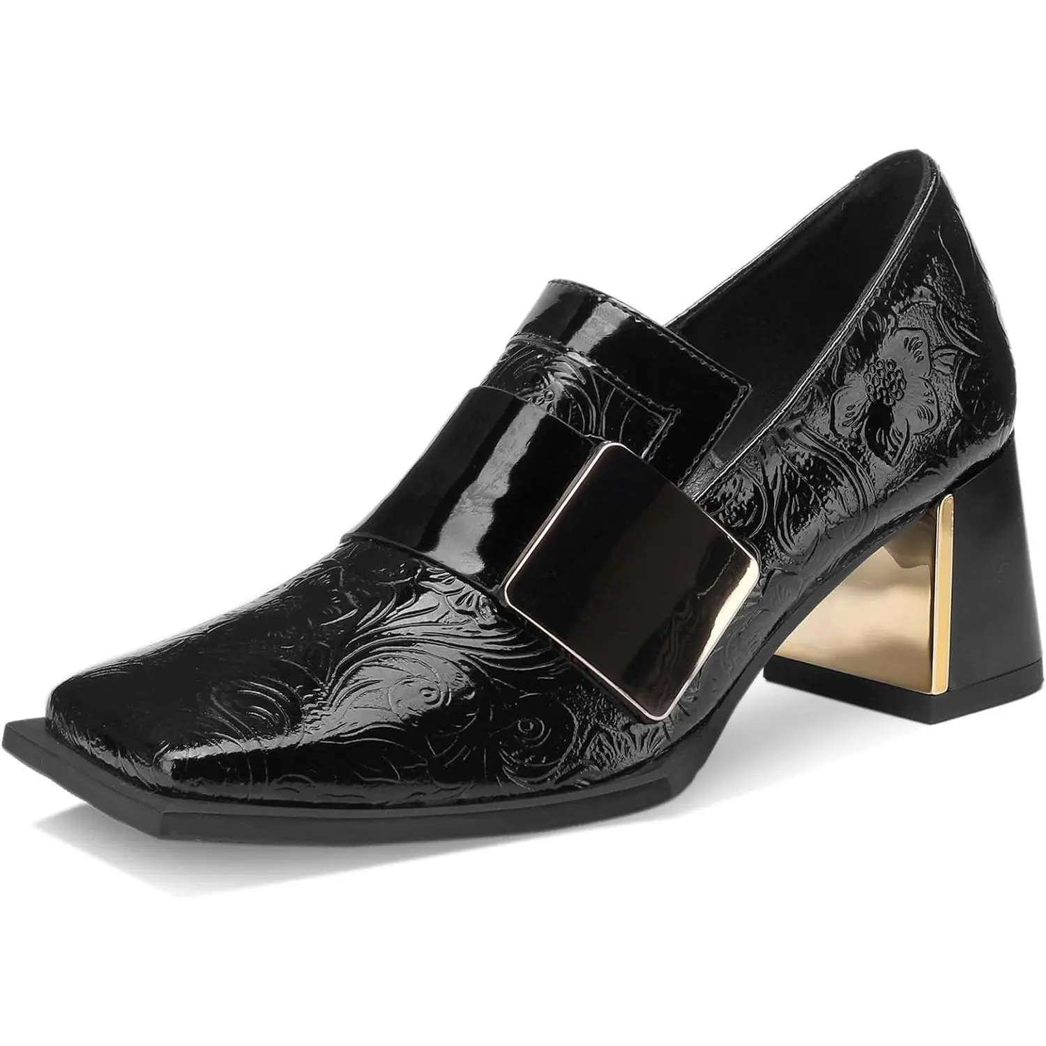 Loafers for Women Patent Leather Buckle Square Toe Chunky Block Dress Slip On Wide Casual Comfortable Dressy High Heels Ladies Comfort Moccasins Elegantes 2 Inch Shoes 059 060
