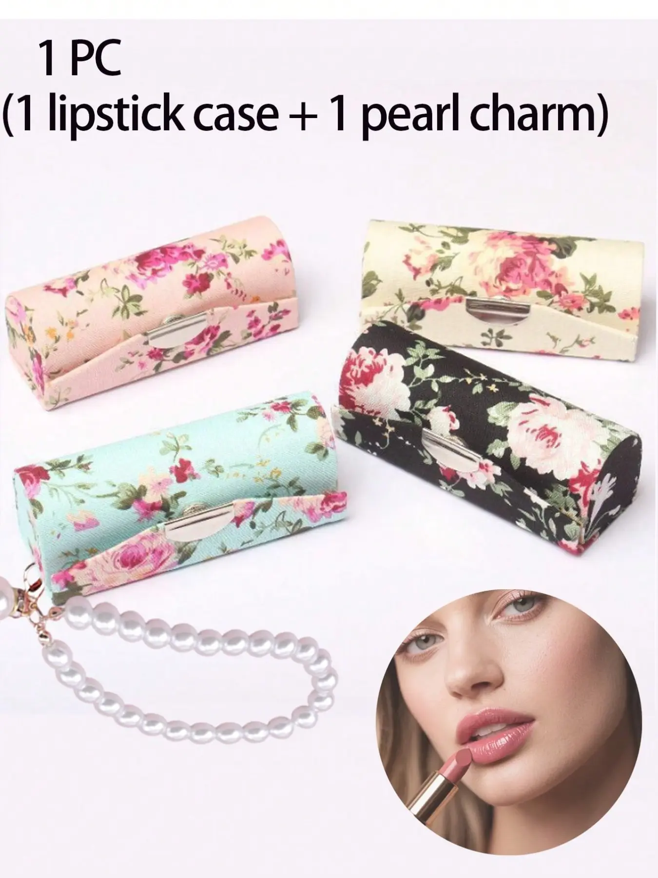 Ladies' vintage floral lipstick case with mirror and pearl pendant - foldable cosmetic storage bag, suitable for placing in a handbag, perfect gift for ladies - elegant foldable design, suitable for carrying lipstick on the go