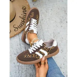 Women's Fashion Leopard Print Sneakers, Suede Details, Stripes, Lace-Up Design, Rubber Sole, Casual Wear, All Seasons, Sports Shoes(Sheets)