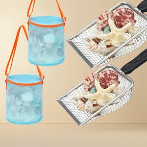 2PCS Beach Mesh Shovel & 2PCS Sand Sifter Bag Set – Shell Collecting Tools for Sand Filter, Shell Scooping & Beach Toys for Boys, Girls & Kids
