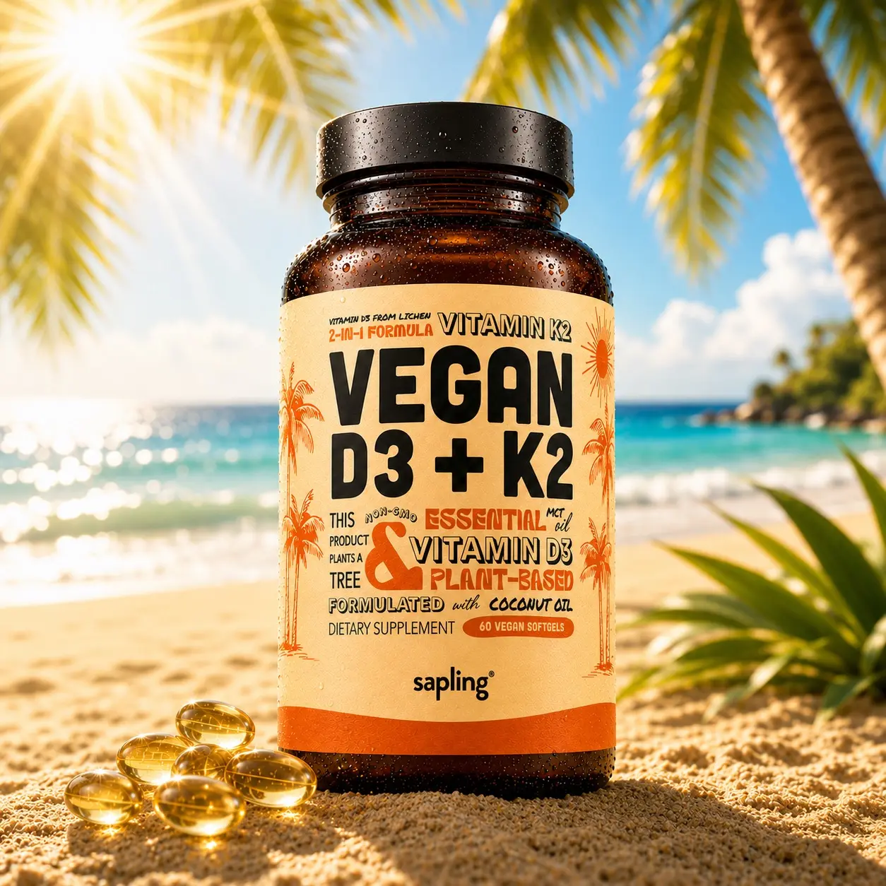 Sapling Vegan Vitamin D3 + K2 Supplement with MCT Oil from Coconut - 4000 IU Vitamin D and 100mcg Vitamin K2 as Mk7
