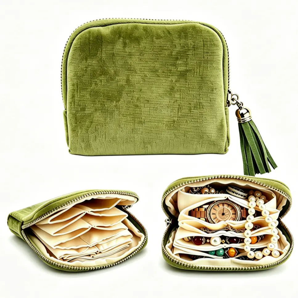 Modern Rectangle Small Travel Jewelry Pouch - 6-Layer Velvet Roll Organizer with Tassel Zipper, Anti-Tangle Storage for Rings, Earrings, Bracelets, Necklaces, Ideal for Women's Travel Gifts, Mini Makeup Trinket Organizer