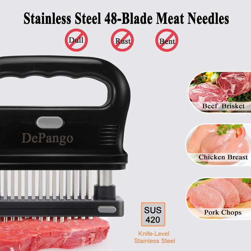 DePango Meat Tenderizer with 48 Stainless Steel Blades, Large Ergonomic Handle for Easy Pressing, Detachable Design for Thorough Cleaning, Ideal for Beef, Pork, Chicken