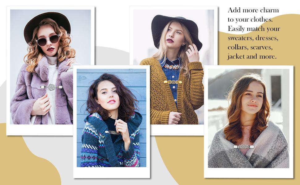 4 Pieces Vintage Sweater Shawl Clips Retro Cardigan Collar Dress Shirt Brooch Clips for Women Wearing, 4 Styles