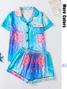 Women's 2-Piece Pajama Set, All-Over Print Fitted Casual Sleepwear, Button-Front Short Sleeve Top & Comfortable Shorts, Sweet Cool Style, Pajamas Loungewear
