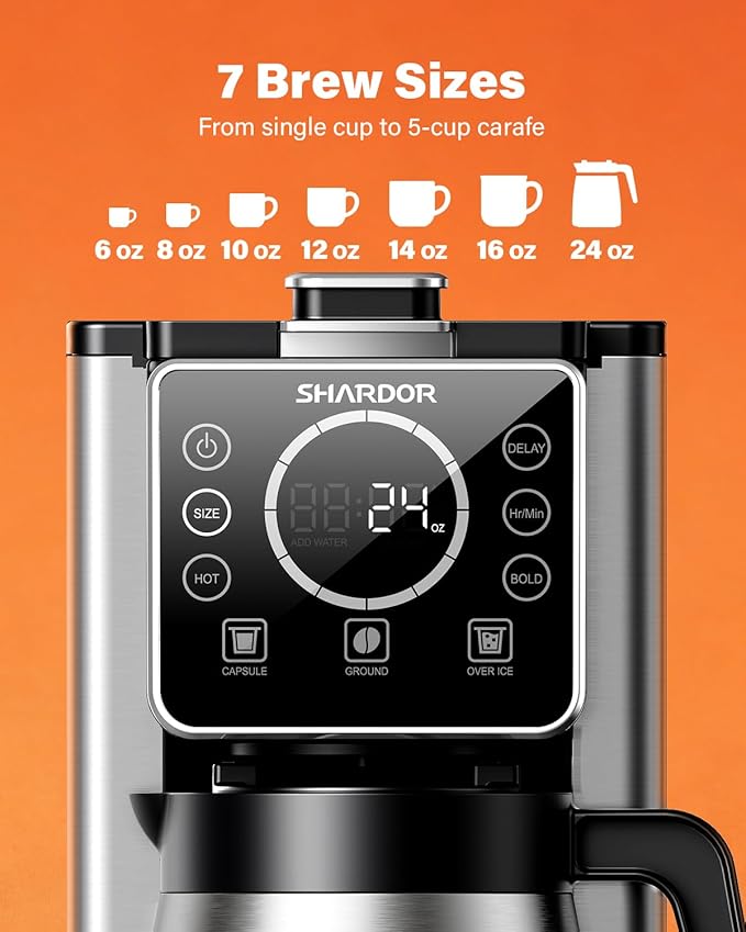 Programmable 5 Cup Drip Coffee Maker, Single Serve Hot & Iced Coffee Machine for K Cup & Grounds, 95oz Removable Reservoir, 6–24oz Brew Size, Strong Brew, Stainless Steel Thermal Carafe, Black