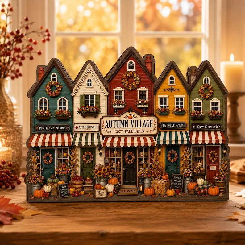 Autumn Village Wooden Block Fall House Shelf Decor, Vintage Halloween Decor 2026, Fall Decor 2026, Harvest Home Wooden Sign Decor, Fall Pumpkin House Decor, Autumn Table Sign, Thanksgiving Farmhouse Gift, Cozy Country Shelf Decor, Bookshelf Decor