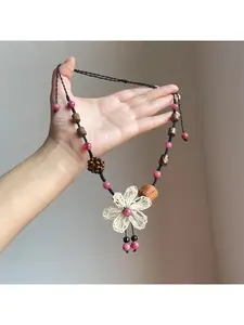Women's Bohemian Style Wooden Bead Raffia Flower Pendant Necklace - Adjustable Ethnic Style Jewelry, Suitable for Daily Wear and Vacation, Wooden Beads Create a Vintage Minimalist Style, Year-Round Versatile Accessory