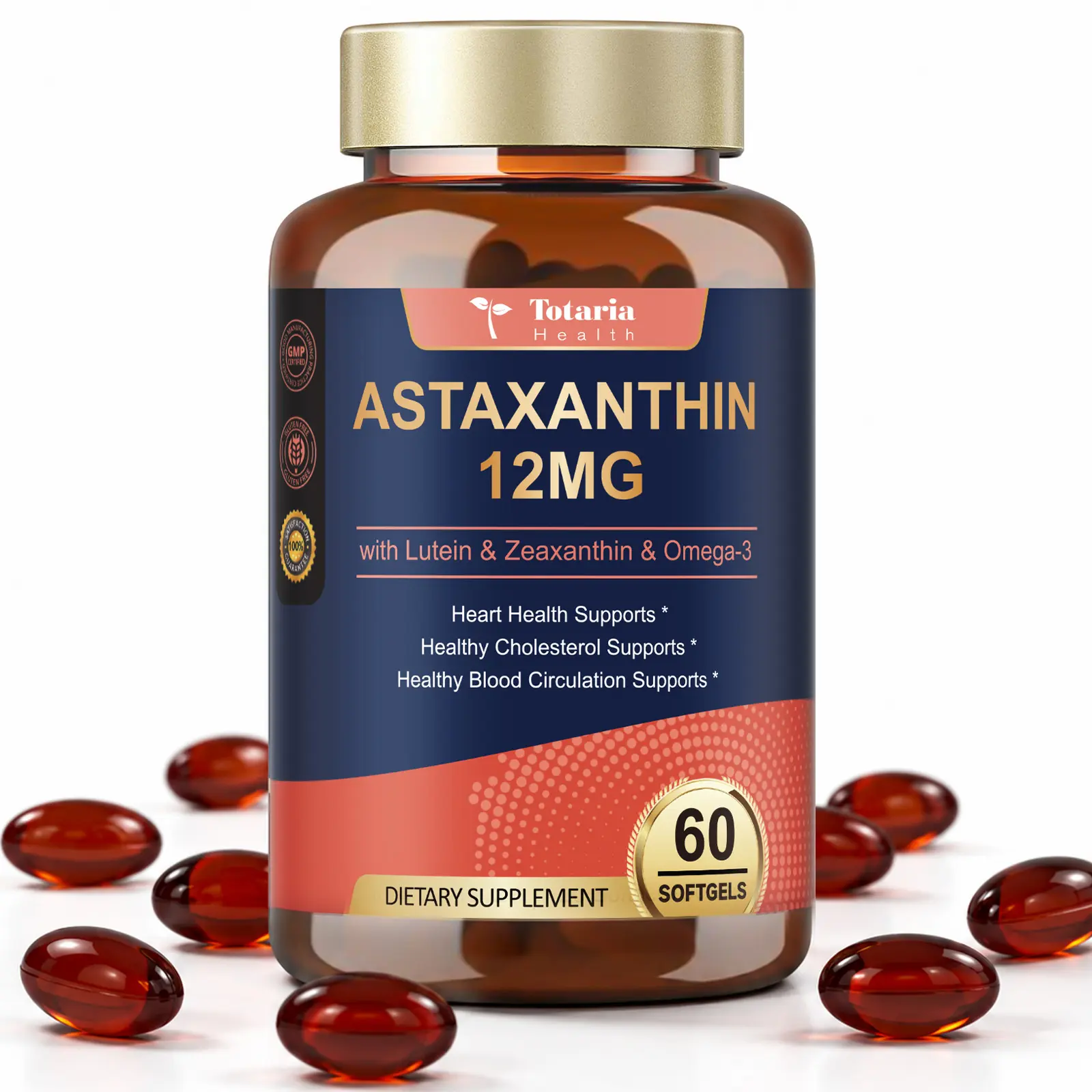 Totaria Astaxanthin 12mg – Antioxidant Support with Lutein, Zeaxanthin & Omega-3 – 60 Softgels – For Daily Wellness & Healthy Circulation Support