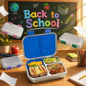 #Summerwins PAWTONG Stainless Steel Kids Leak-Resistant Bento Lunch Box, 3-Compartments with Silicone Container, Dishwasher-Safe, Child-Friendly Design for School, Picnics & Travel,BPA-Free Blue