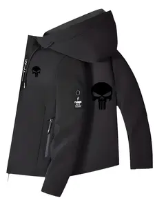 Men's Fashion Jacket with Skull Logo, Stylish Zipper Pockets, Casual Hooded Design, Spring & Fall Wear, Polyester Material, Slim-Fit Outerwear
