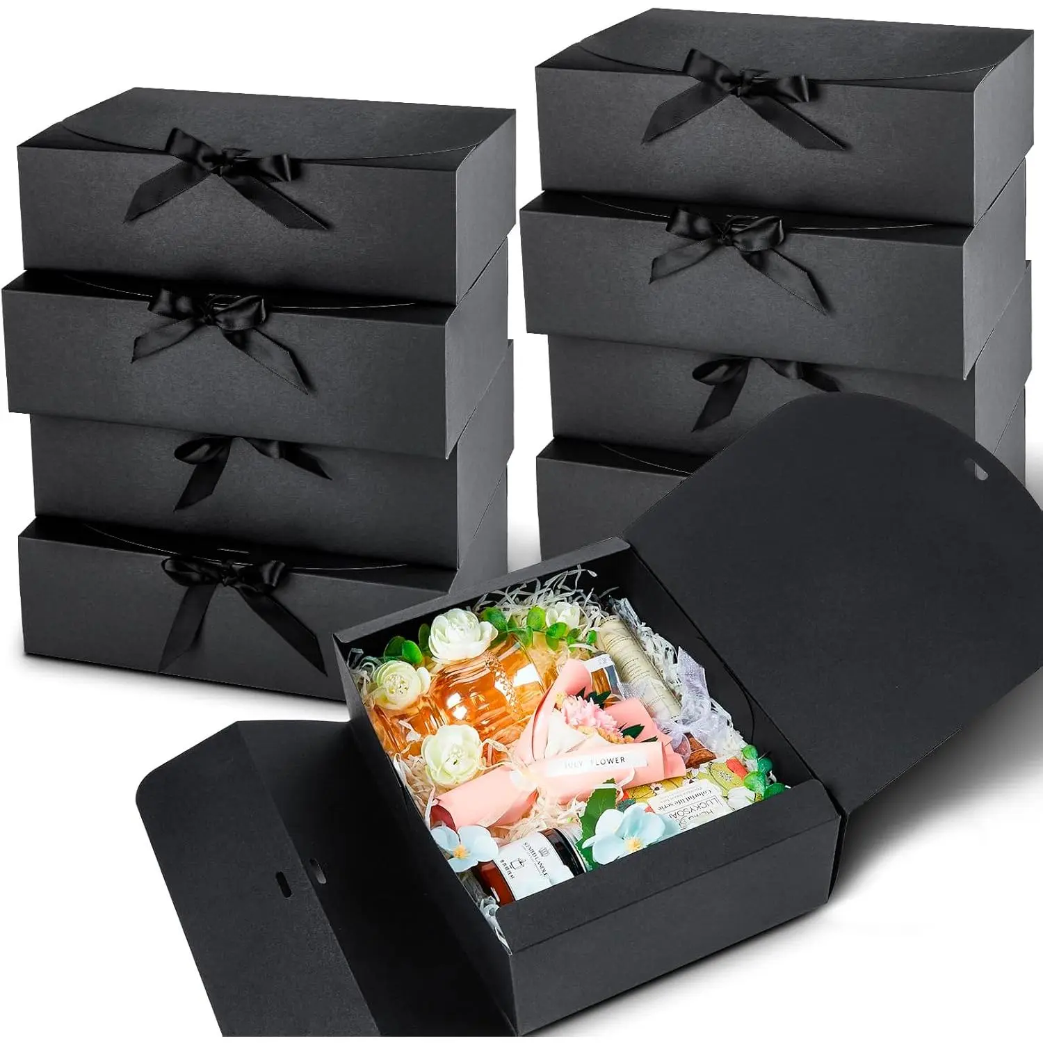 15 count  Boxes with Lids for Presents, 10.6 x 7.8 x 3.1 Inches Black Bridesmaid Proposal Boxes with Ribbons for Wedding, Birthday, Party and Bride Shower Packaging