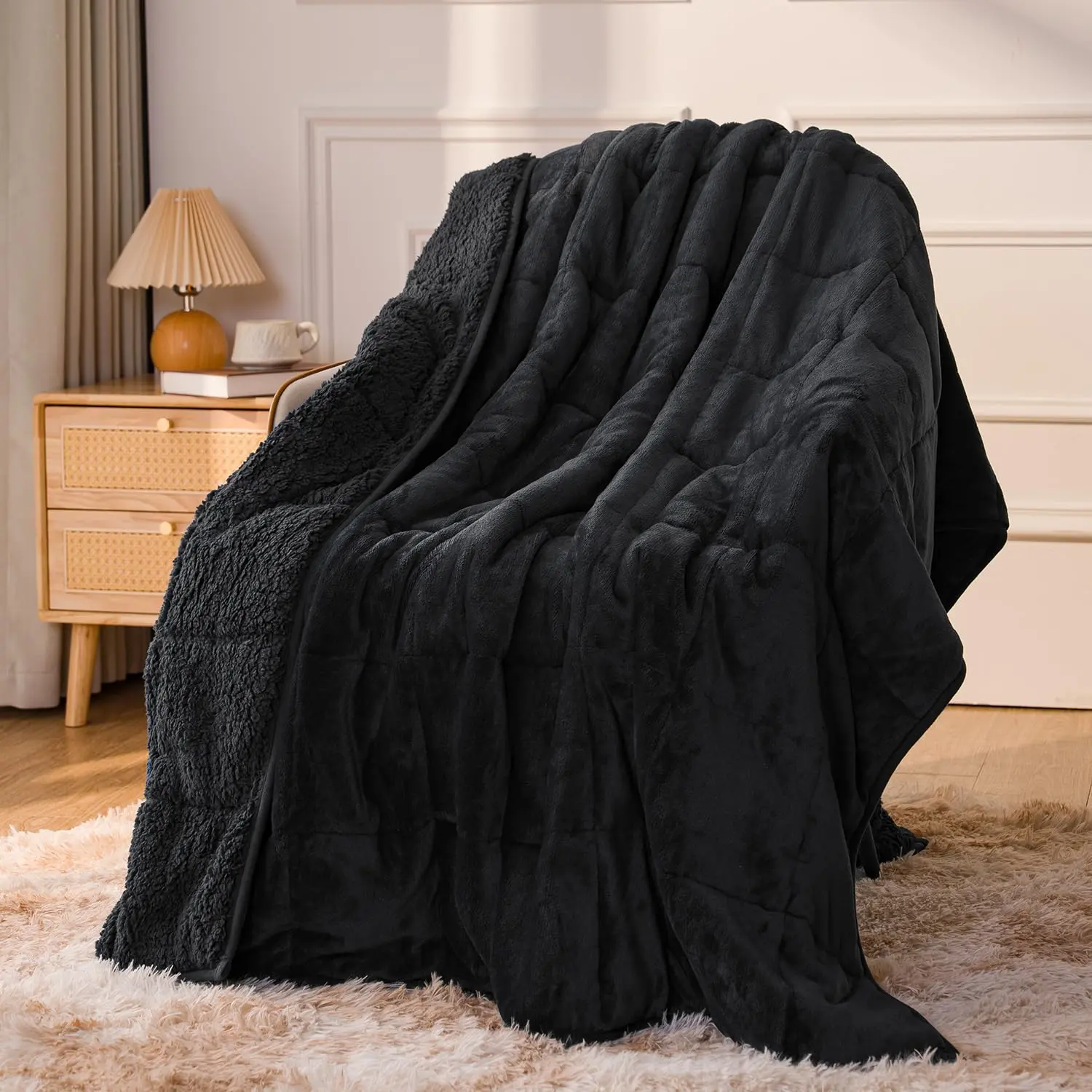 Weighted Blanket, 15 lb Reversible Sherpa Fleece Heavy Throw for Adults, Solid Black Queen Size 60 x 80 Inches for Deep Sleep, 60 X 80 Inches, 15 Pounds