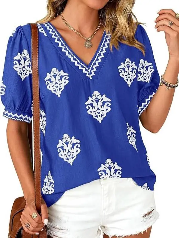 Casual Summer T Shirts, Going Out Tops for Women, Short Sleeve Blouses,V Neck Boho Tunics