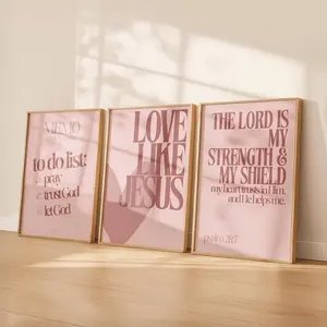 Christian Wall Art Pink Set of 3 | Love Like Jesus Psalm 28:7 Prints | Modern Scripture Art