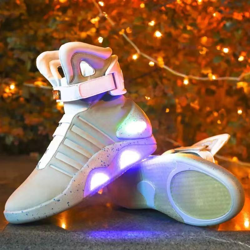 Stylish White USB-Rechargeable Glow-in-the-Dark High-Top Sneakers with Neon Lights & Stripes for Street Dancing & Nighttime Exercise back  to  the  future  shoes