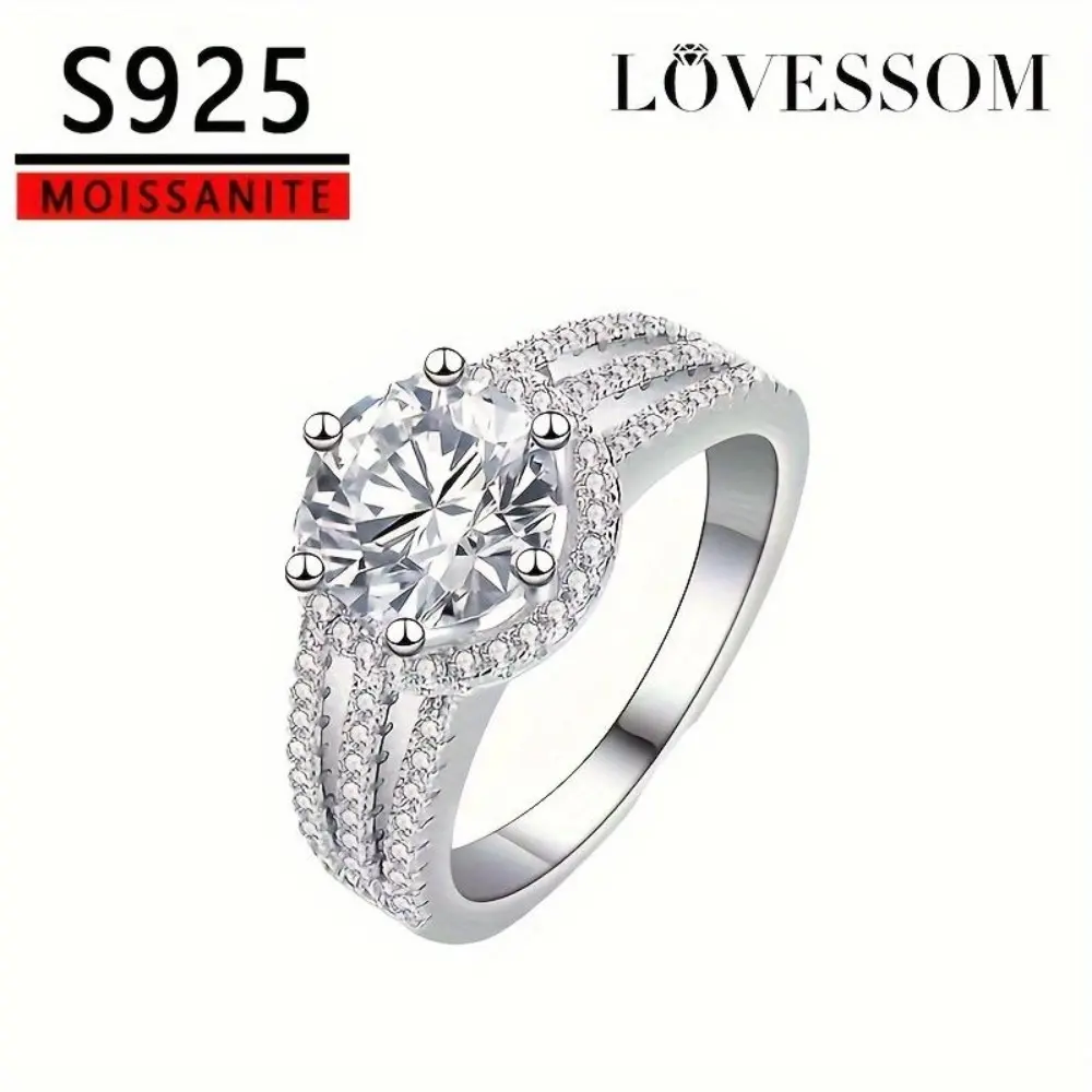 LOVESSOM 925 Sterling Silver Moissanite Engagement Ring, 2-3 Carat Round Pave Band, Elegant Simple Design, Versatile for Daily Wear, Parties, Weddings, Valentine'S Day Gift, 3.72g