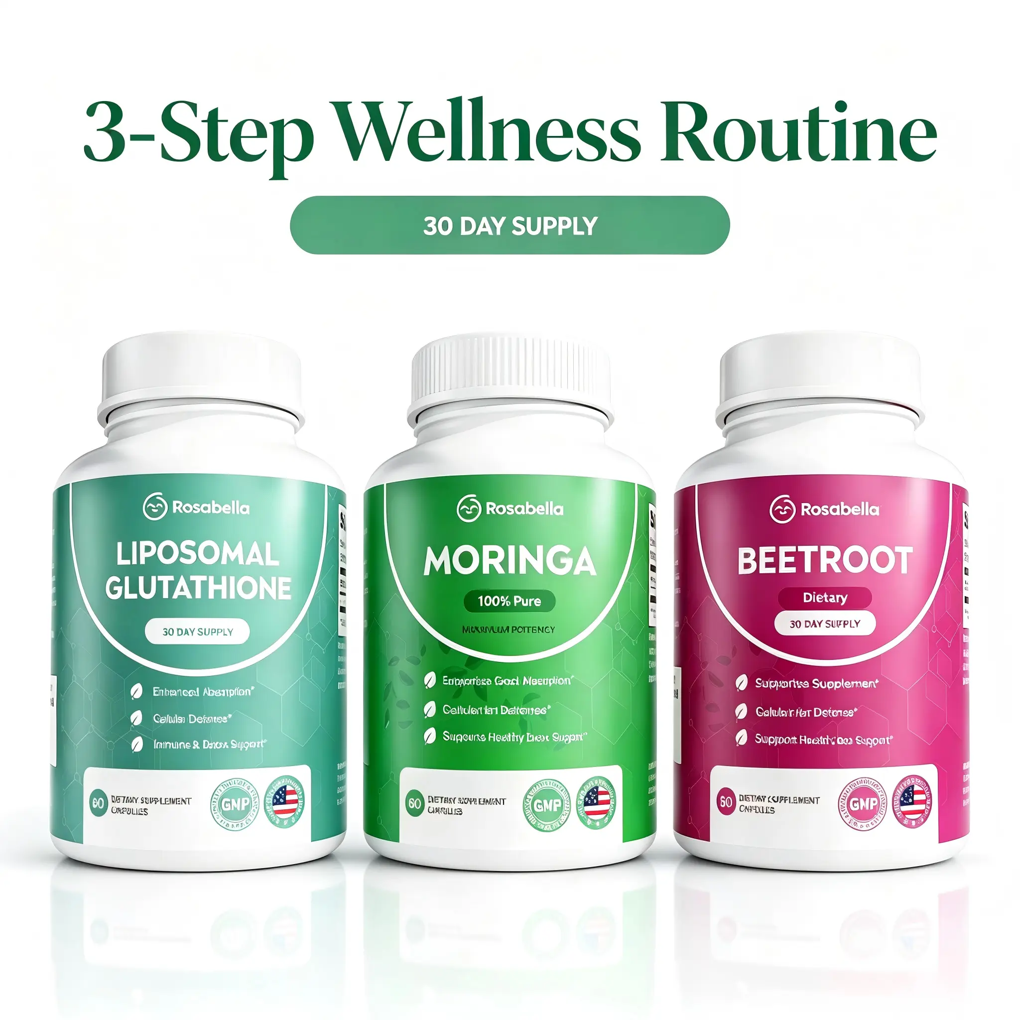 Rosabella Glow Trio Bundle – piece liposome, glutathione, moringa and beetroot capsule health care programmes  | 3-Step Wellness Routine | 30 Day Supply