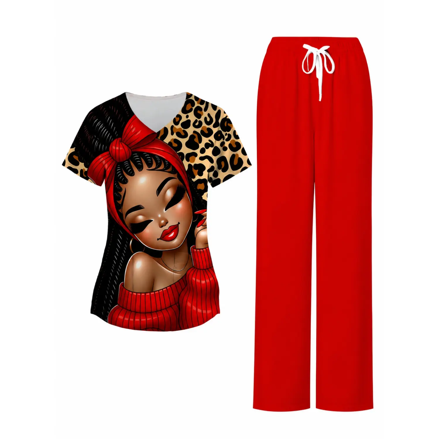 Leopard Print Top & Solid Red Drawstring Pants 2-Piece Nurse Scrub Set | Stylish Medical Workwear for Healthcare Professionals