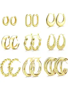 9 Pairs 14K Gold Hoops Earrings for Women Chunky Gold Earrings for Women Thick Hypoallergenic Earrings Lightweight Big Hoop Earrings Twisted Huggie Gold Earrings Women Jewelry Gift Statement Earrings