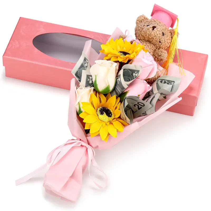 2026 Graduation Bear Bouquet Ready-to-Gift Set - Scented Handmade Soap Roses, Sunflower, Compact Mini Cotton Plush Bear with Grad Cap, Lighted Transparent Box, Party Bags & Gifts, Decoration Plushies, Time-Saving Souvenir for Girlfriends