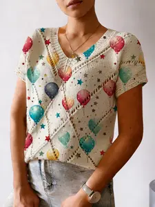 Fashion New Women's V-Neck Hollow Out Knitted Sweater Vest, Casual Loose-Fitting All over Print, Versatile Backless Sweater Vest